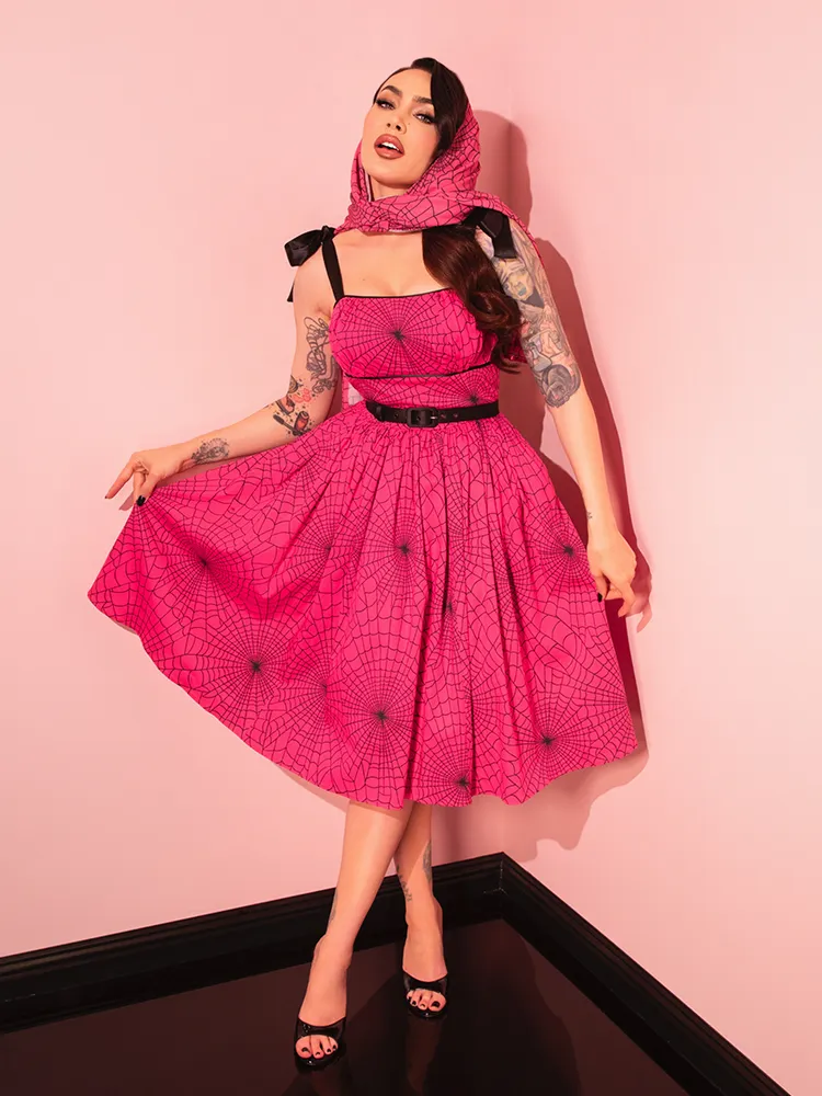 PRE-ORDER - 1950s Swing Sundress and Scarf in Hot Pink Spider Web Print - Vixen by Micheline Pitt