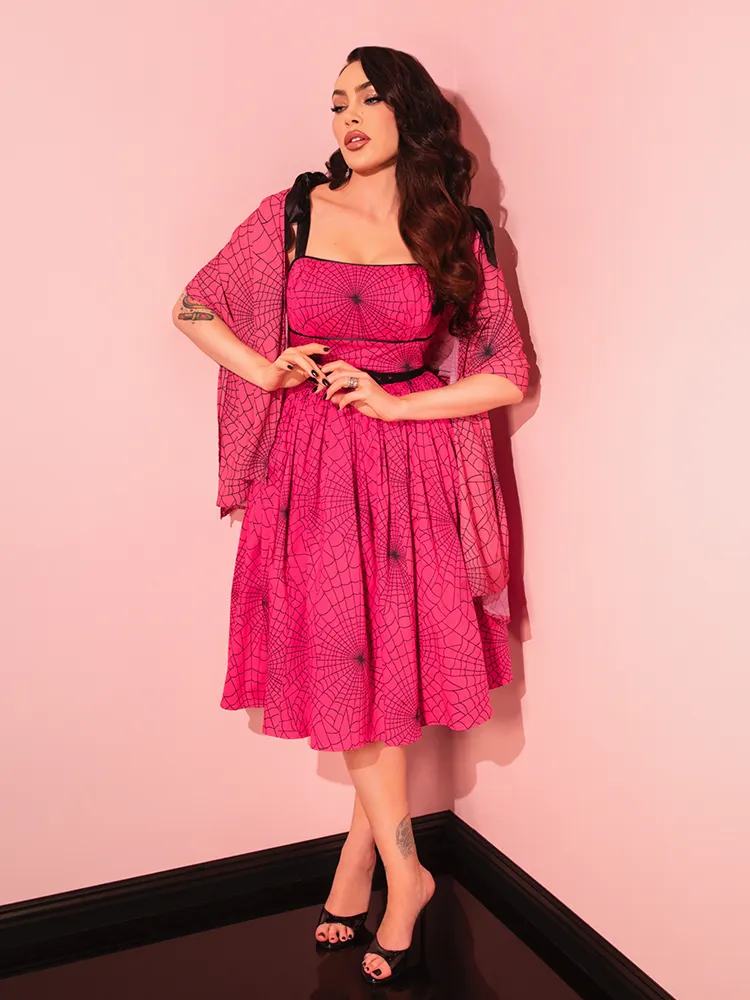 PRE-ORDER - 1950s Swing Sundress and Scarf in Hot Pink Spider Web Print - Vixen by Micheline Pitt