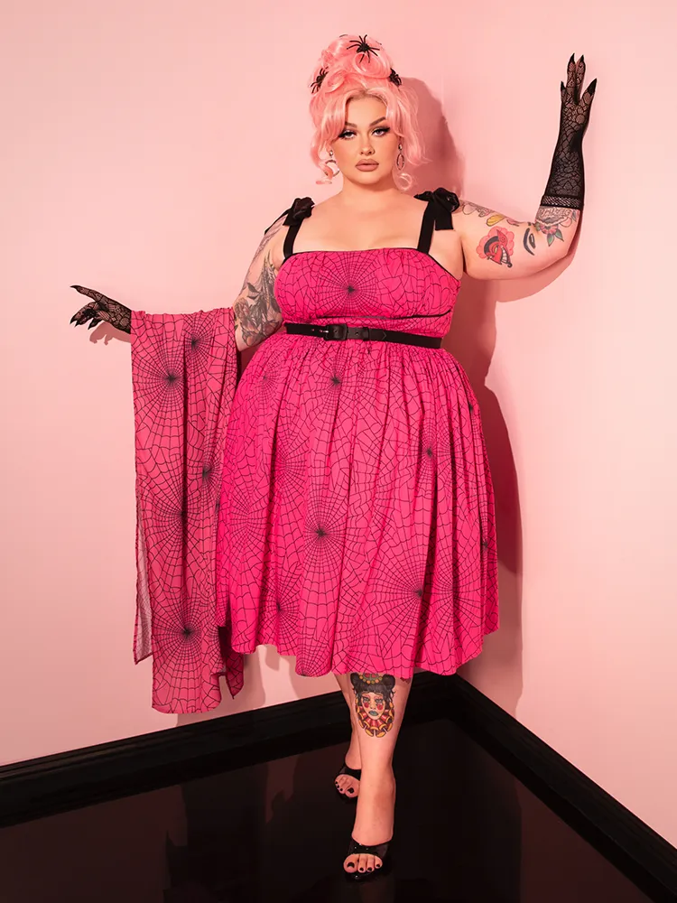 PRE-ORDER - 1950s Swing Sundress and Scarf in Hot Pink Spider Web Print - Vixen by Micheline Pitt