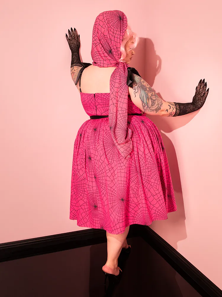 PRE-ORDER - 1950s Swing Sundress and Scarf in Hot Pink Spider Web Print - Vixen by Micheline Pitt