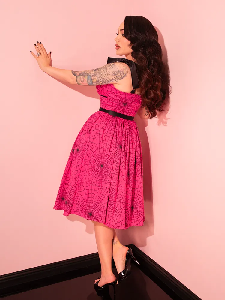 PRE-ORDER - 1950s Swing Sundress and Scarf in Hot Pink Spider Web Print - Vixen by Micheline Pitt