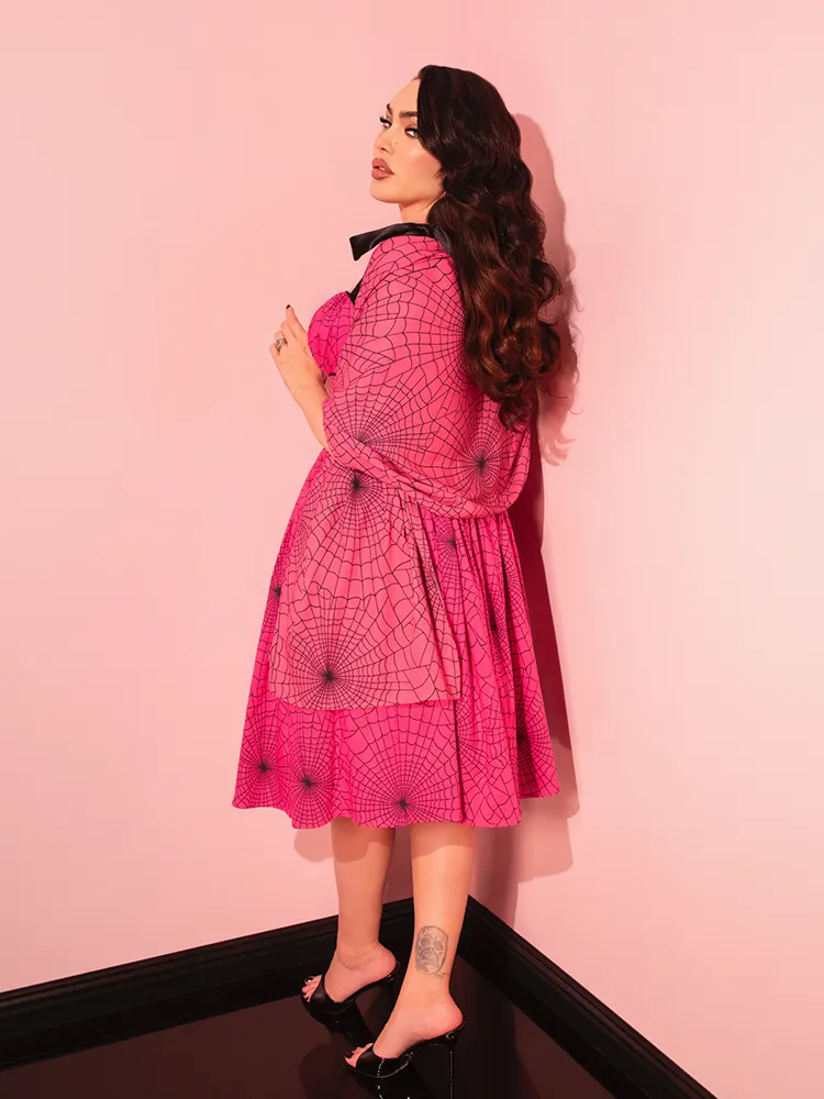 PRE-ORDER - 1950s Swing Sundress and Scarf in Hot Pink Spider Web Print - Vixen by Micheline Pitt