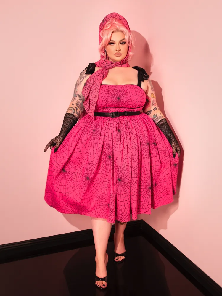 PRE-ORDER - 1950s Swing Sundress and Scarf in Hot Pink Spider Web Print - Vixen by Micheline Pitt