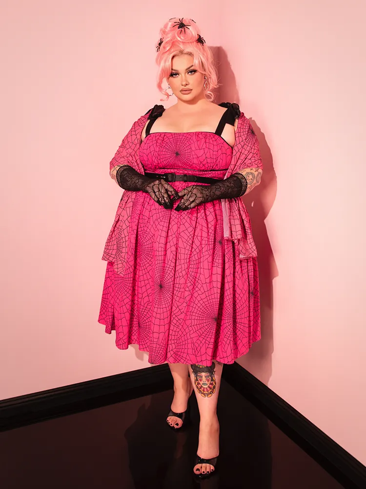 PRE-ORDER - 1950s Swing Sundress and Scarf in Hot Pink Spider Web Print - Vixen by Micheline Pitt