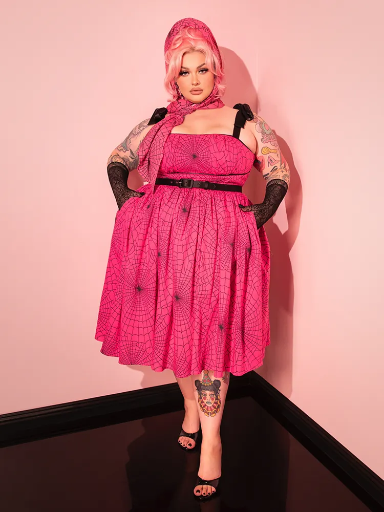PRE-ORDER - 1950s Swing Sundress and Scarf in Hot Pink Spider Web Print - Vixen by Micheline Pitt