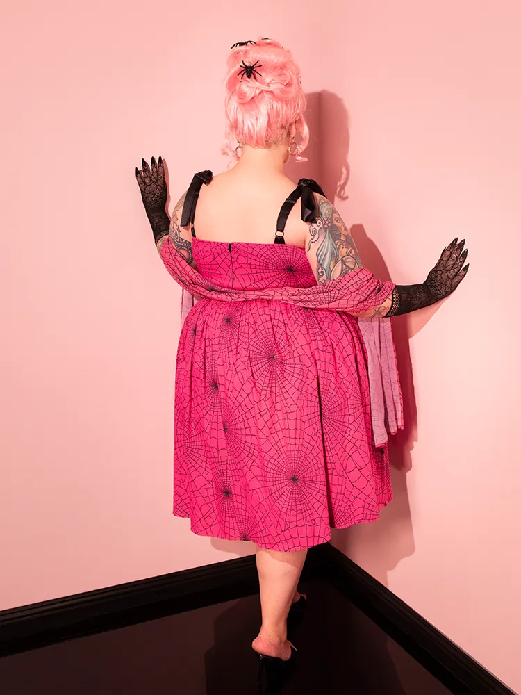 PRE-ORDER - 1950s Swing Sundress and Scarf in Hot Pink Spider Web Print - Vixen by Micheline Pitt