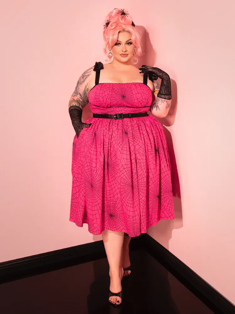 PRE-ORDER - 1950s Swing Sundress and Scarf in Hot Pink Spider Web Print - Vixen by Micheline Pitt