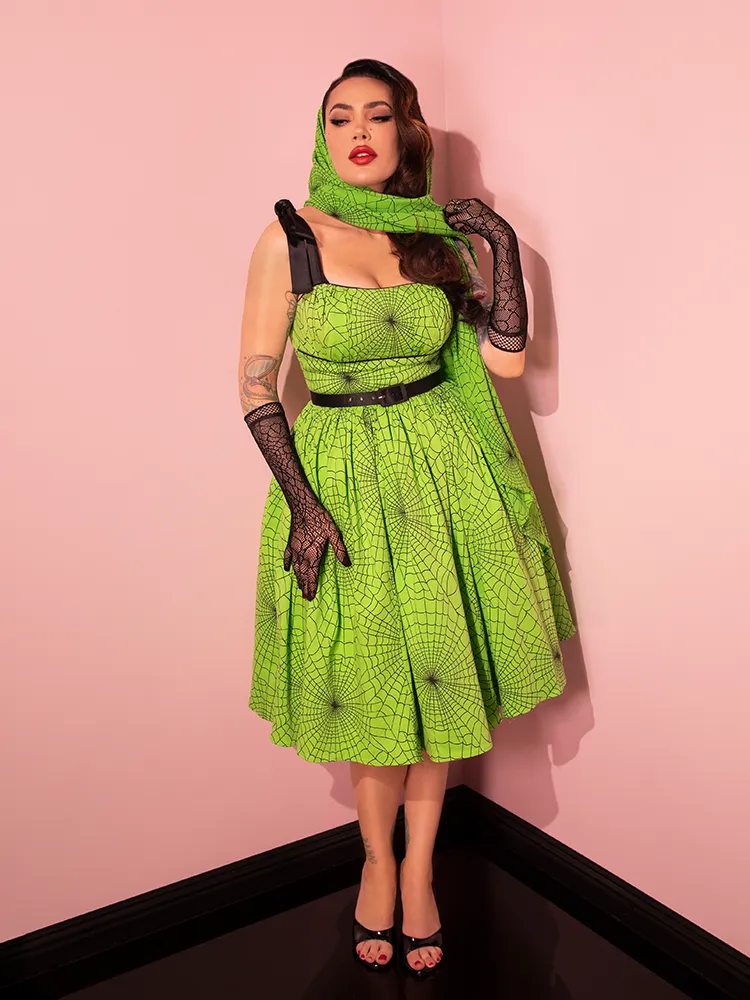 PRE-ORDER - 1950s Swing Sundress and Scarf in Slime Green Spider Web Print - Vixen by Micheline Pitt