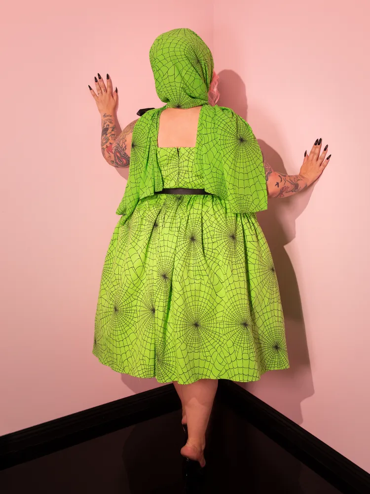 PRE-ORDER - 1950s Swing Sundress and Scarf in Slime Green Spider Web Print - Vixen by Micheline Pitt