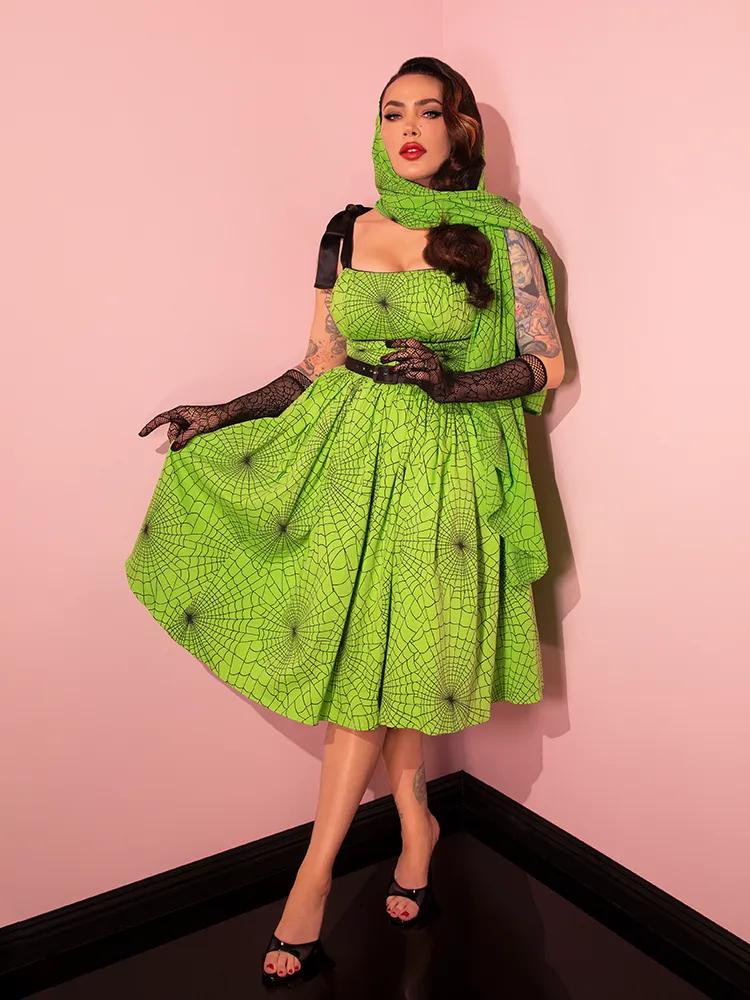 PRE-ORDER - 1950s Swing Sundress and Scarf in Slime Green Spider Web Print - Vixen by Micheline Pitt