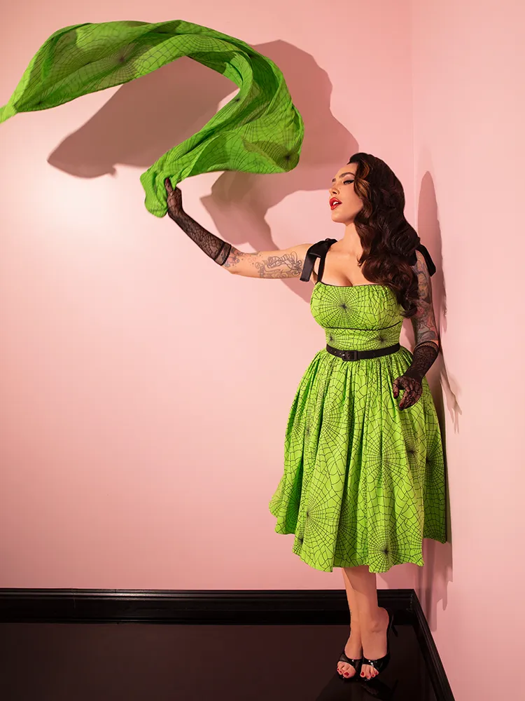 PRE-ORDER - 1950s Swing Sundress and Scarf in Slime Green Spider Web Print - Vixen by Micheline Pitt