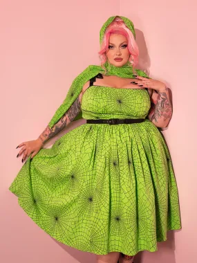 PRE-ORDER - 1950s Swing Sundress and Scarf in Slime Green Spider Web Print - Vixen by Micheline Pitt