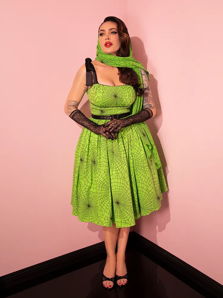 PRE-ORDER - 1950s Swing Sundress and Scarf in Slime Green Spider Web Print - Vixen by Micheline Pitt