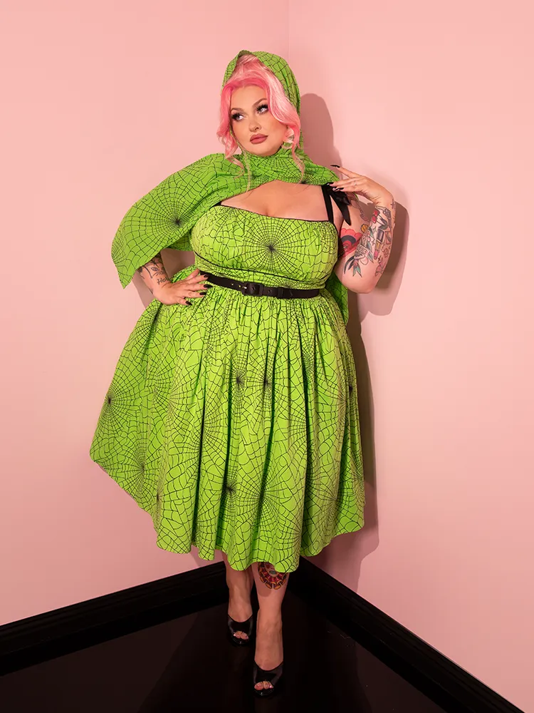 PRE-ORDER - 1950s Swing Sundress and Scarf in Slime Green Spider Web Print - Vixen by Micheline Pitt