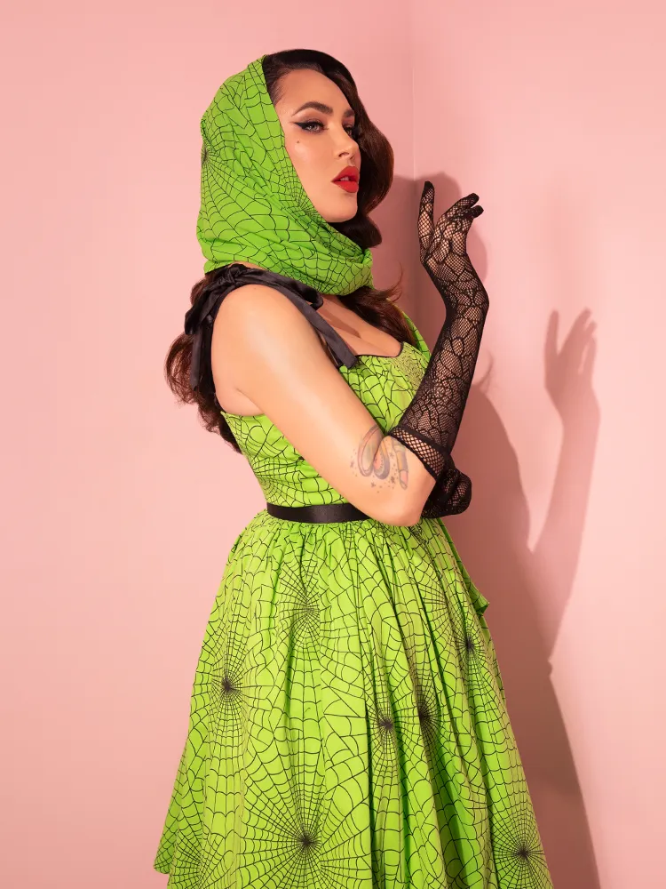 PRE-ORDER - 1950s Swing Sundress and Scarf in Slime Green Spider Web Print - Vixen by Micheline Pitt