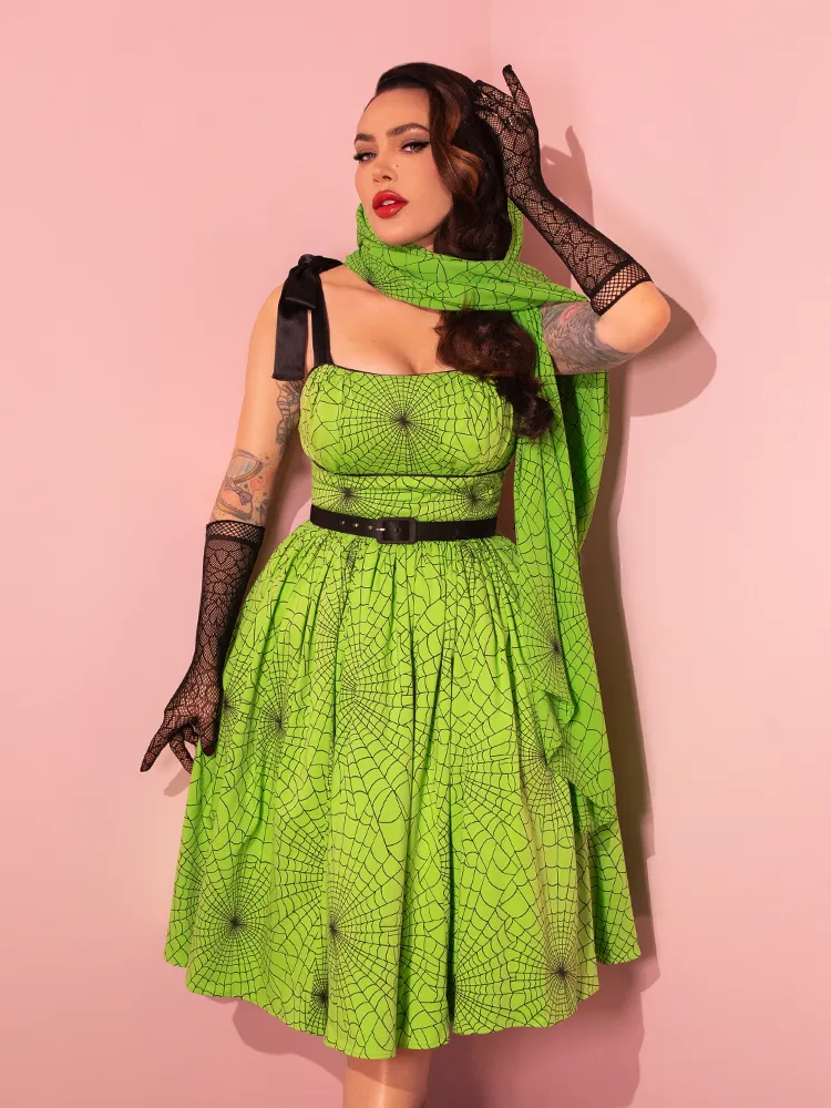 PRE-ORDER - 1950s Swing Sundress and Scarf in Slime Green Spider Web Print - Vixen by Micheline Pitt