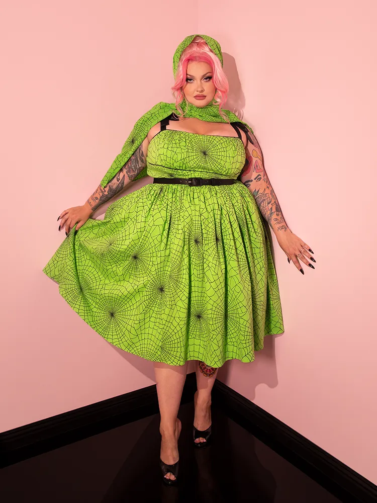 PRE-ORDER - 1950s Swing Sundress and Scarf in Slime Green Spider Web Print - Vixen by Micheline Pitt
