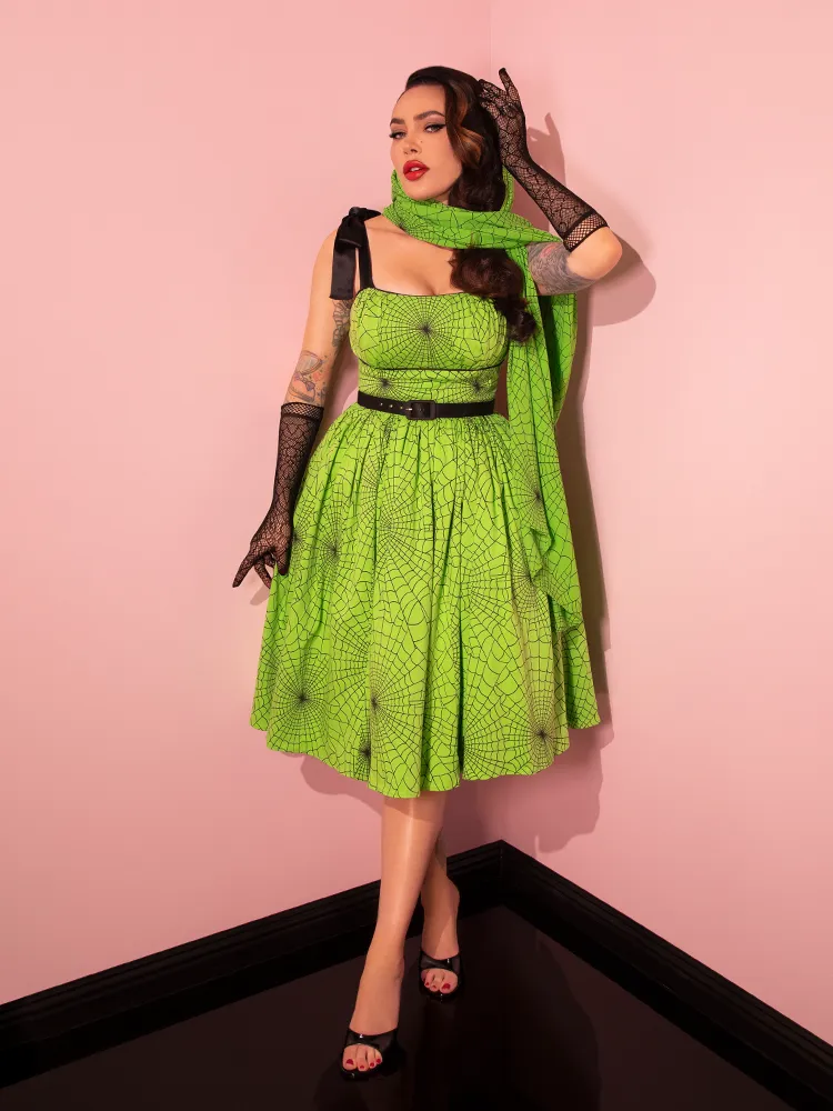 PRE-ORDER - 1950s Swing Sundress and Scarf in Slime Green Spider Web Print - Vixen by Micheline Pitt