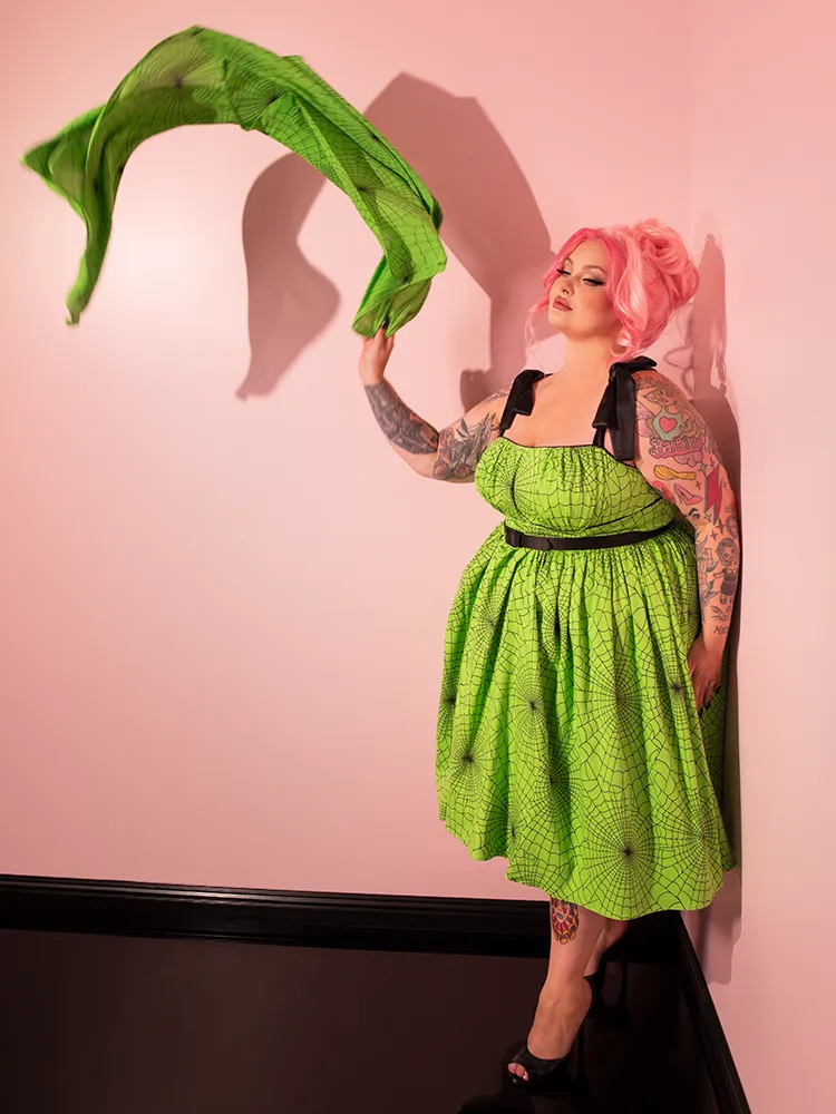 PRE-ORDER - 1950s Swing Sundress and Scarf in Slime Green Spider Web Print - Vixen by Micheline Pitt