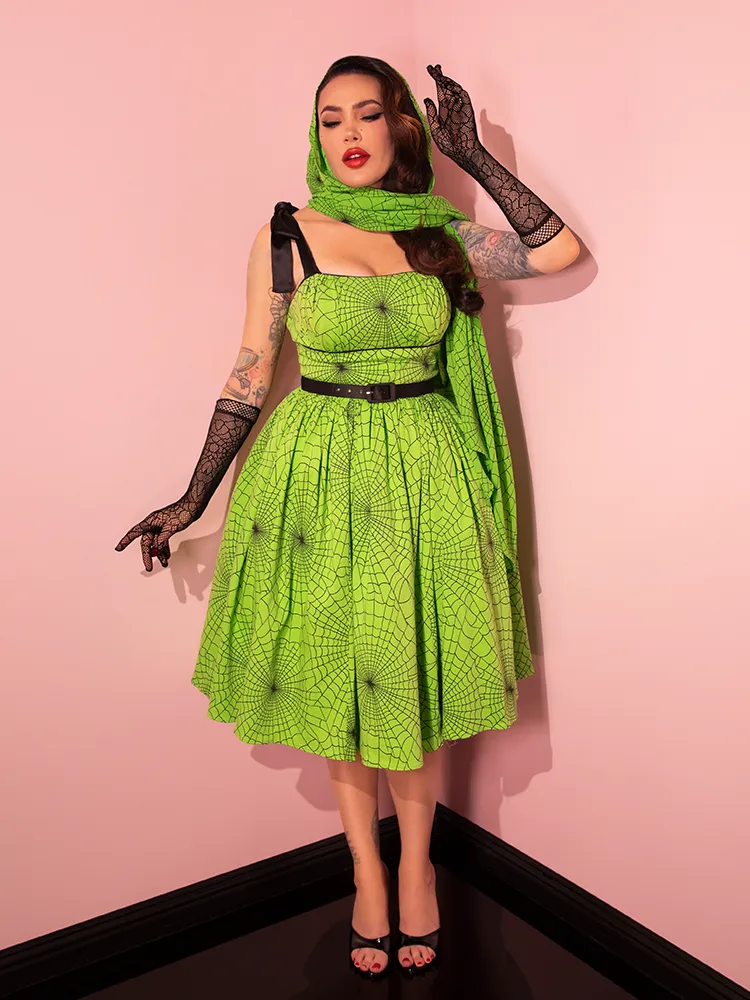 PRE-ORDER - 1950s Swing Sundress and Scarf in Slime Green Spider Web Print - Vixen by Micheline Pitt