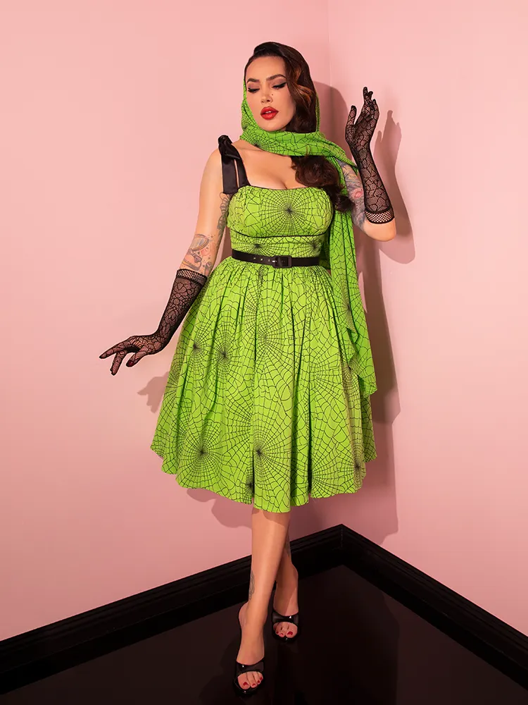 PRE-ORDER - 1950s Swing Sundress and Scarf in Slime Green Spider Web Print - Vixen by Micheline Pitt