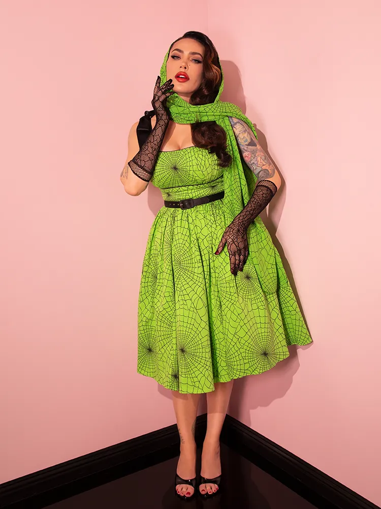 PRE-ORDER - 1950s Swing Sundress and Scarf in Slime Green Spider Web Print - Vixen by Micheline Pitt