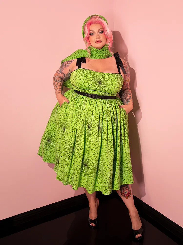 PRE-ORDER - 1950s Swing Sundress and Scarf in Slime Green Spider Web Print - Vixen by Micheline Pitt