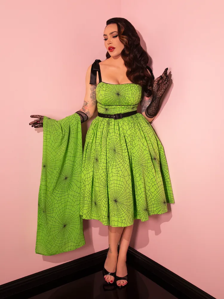 PRE-ORDER - 1950s Swing Sundress and Scarf in Slime Green Spider Web Print - Vixen by Micheline Pitt