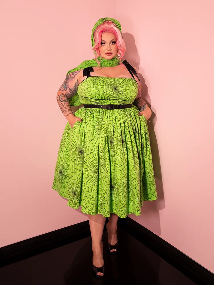 PRE-ORDER - 1950s Swing Sundress and Scarf in Slime Green Spider Web Print - Vixen by Micheline Pitt