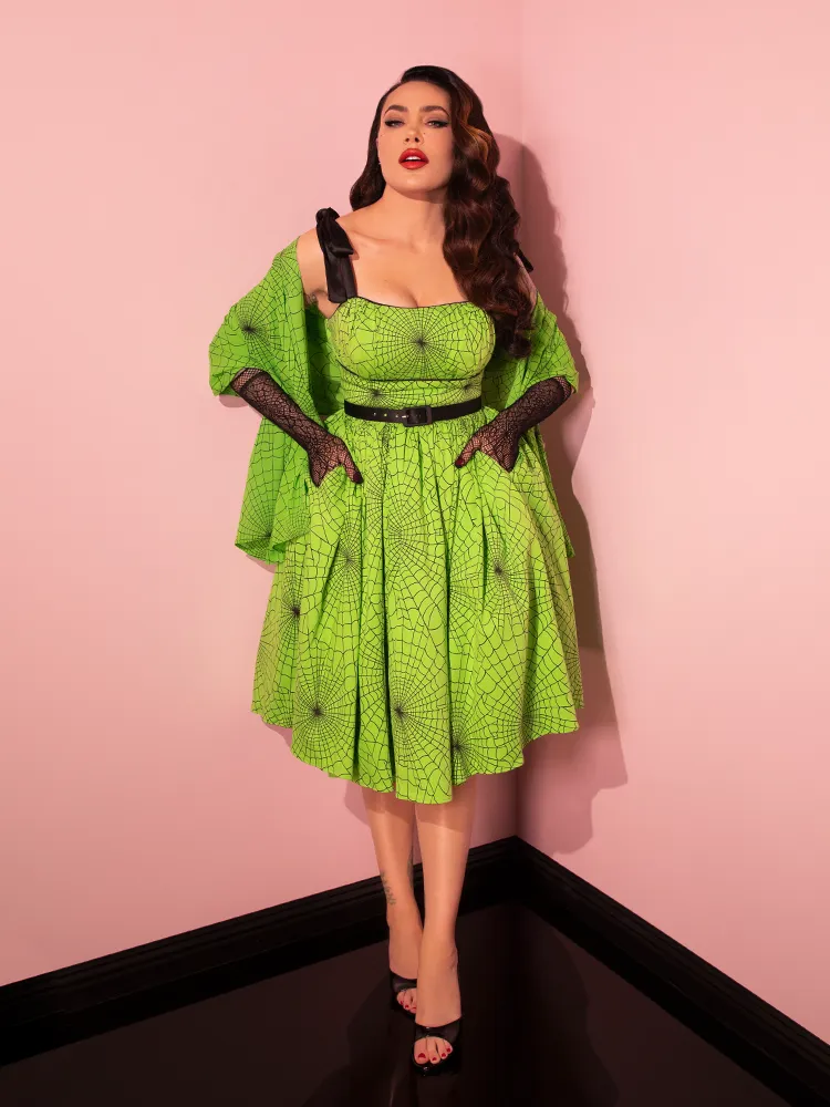 PRE-ORDER - 1950s Swing Sundress and Scarf in Slime Green Spider Web Print - Vixen by Micheline Pitt