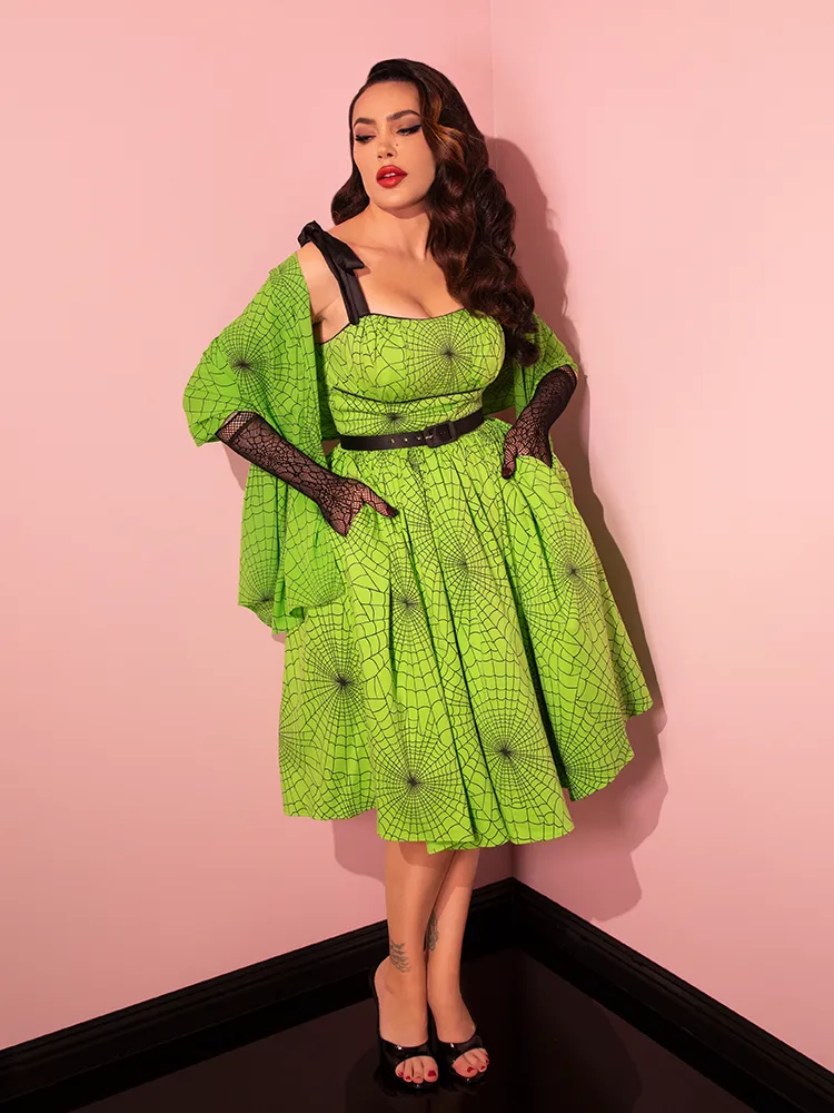PRE-ORDER - 1950s Swing Sundress and Scarf in Slime Green Spider Web Print - Vixen by Micheline Pitt