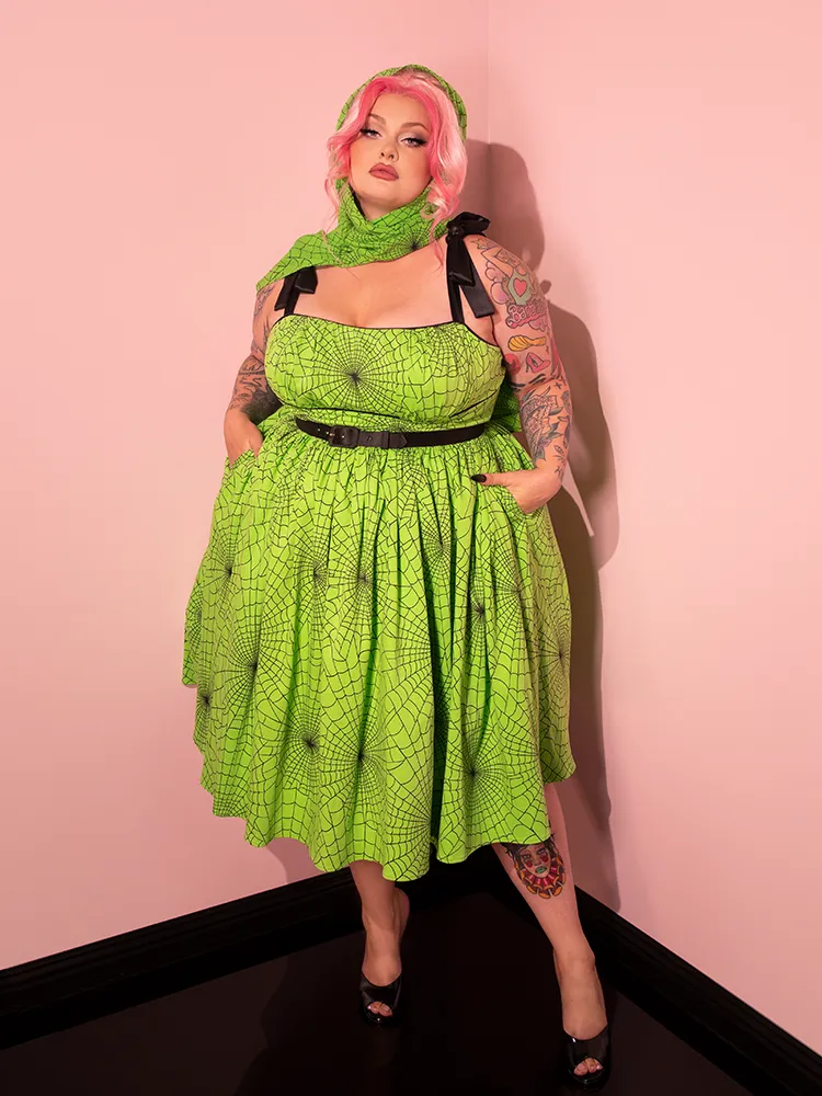 PRE-ORDER - 1950s Swing Sundress and Scarf in Slime Green Spider Web Print - Vixen by Micheline Pitt