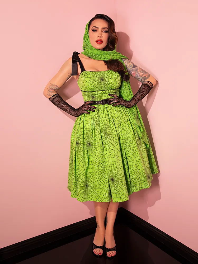 PRE-ORDER - 1950s Swing Sundress and Scarf in Slime Green Spider Web Print - Vixen by Micheline Pitt