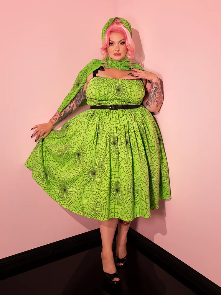 PRE-ORDER - 1950s Swing Sundress and Scarf in Slime Green Spider Web Print - Vixen by Micheline Pitt