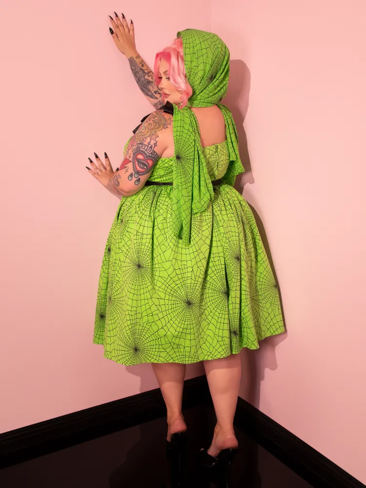 PRE-ORDER - 1950s Swing Sundress and Scarf in Slime Green Spider Web Print - Vixen by Micheline Pitt