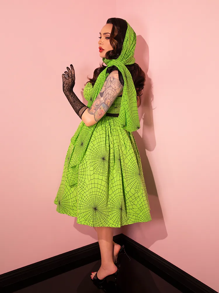 PRE-ORDER - 1950s Swing Sundress and Scarf in Slime Green Spider Web Print - Vixen by Micheline Pitt