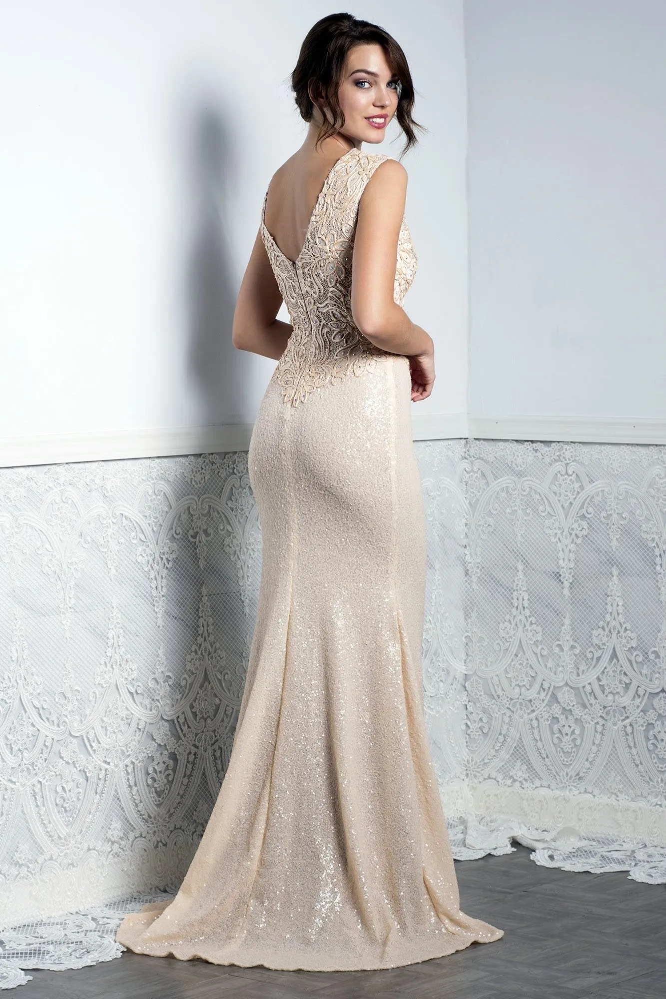 Priscilla Cream Sequins Long Dress