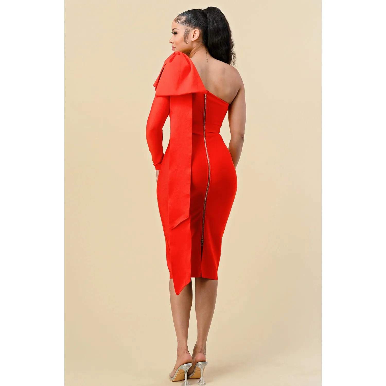 Red Bandage Bow One Shoulder Dress