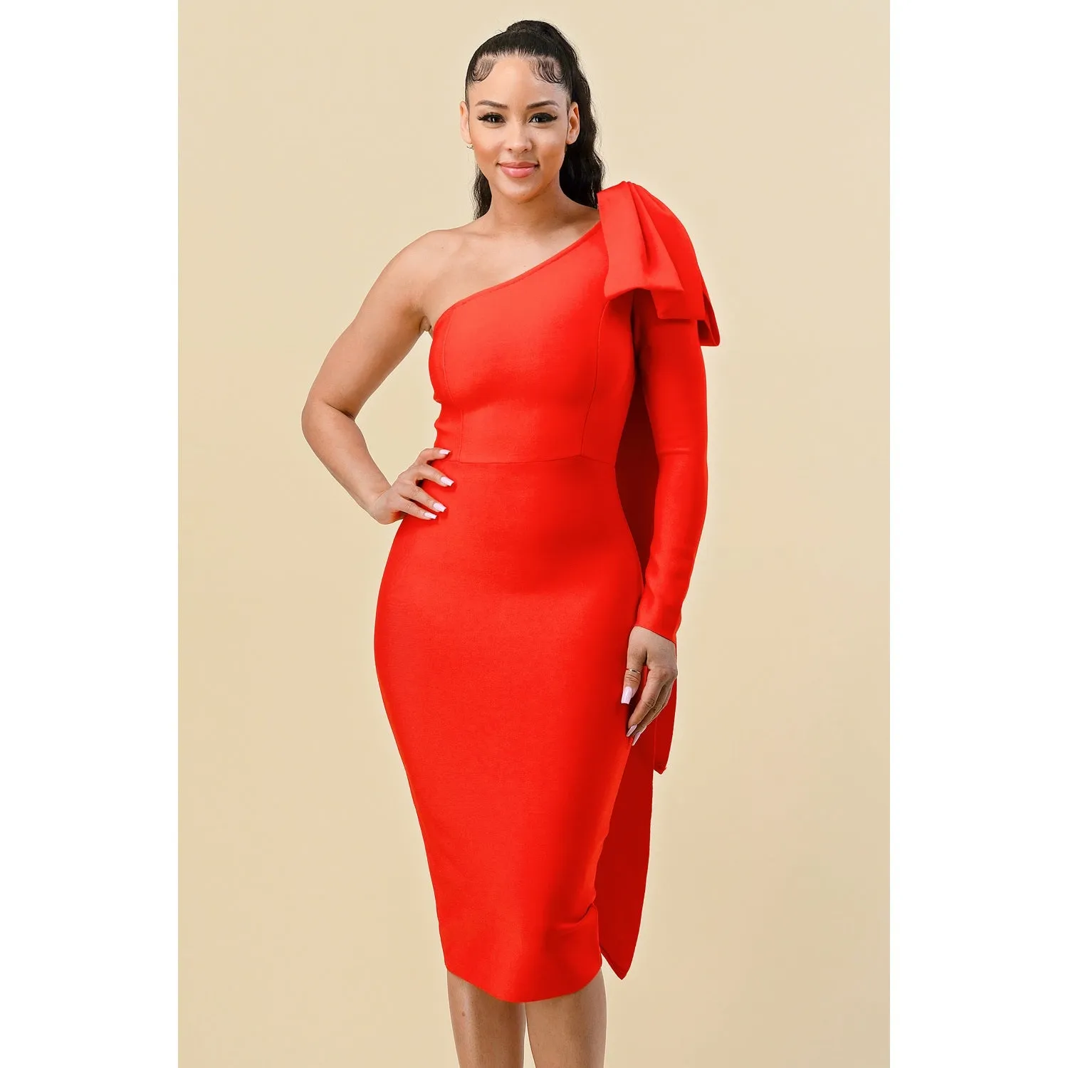 Red Bandage Bow One Shoulder Dress
