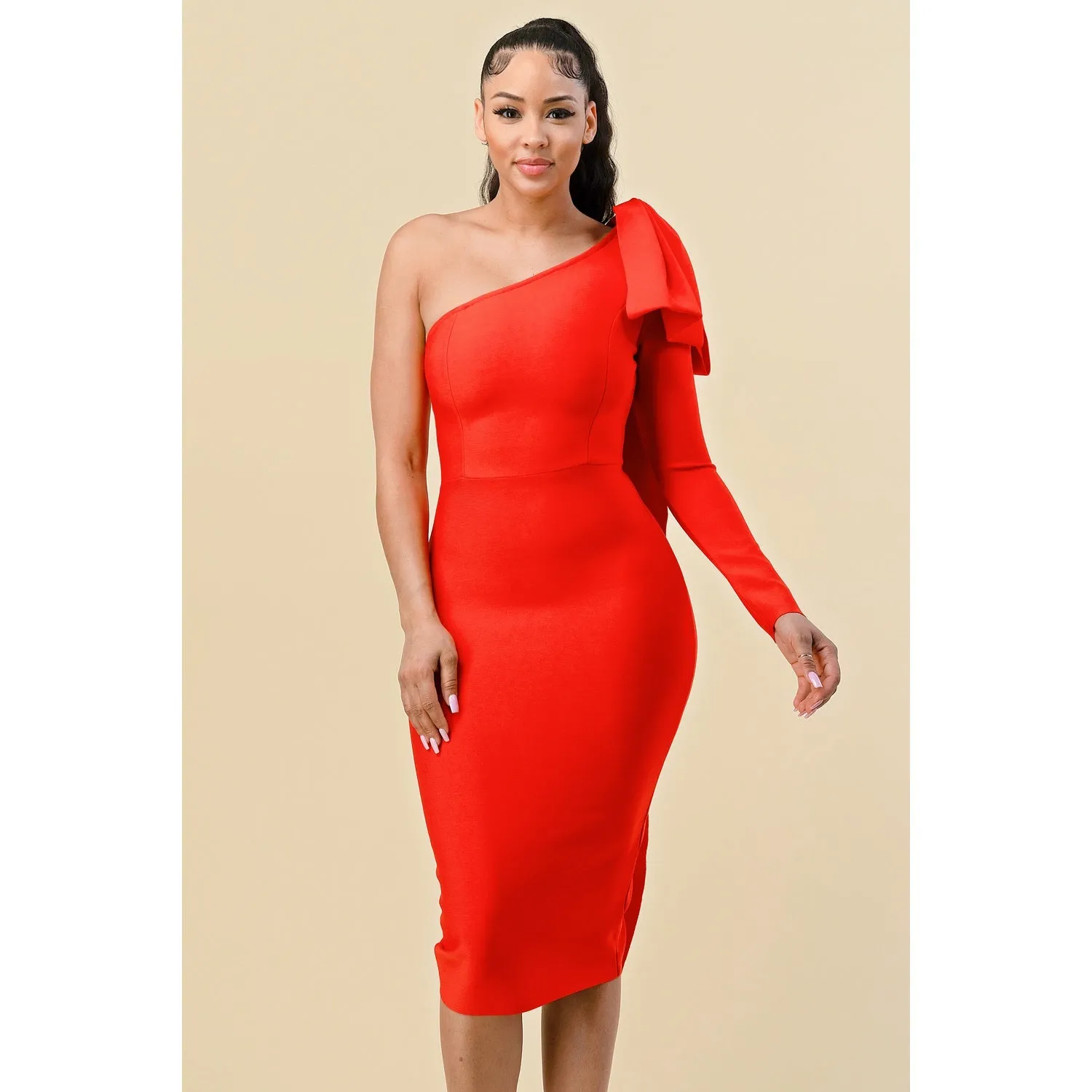 Red Bandage Bow One Shoulder Dress
