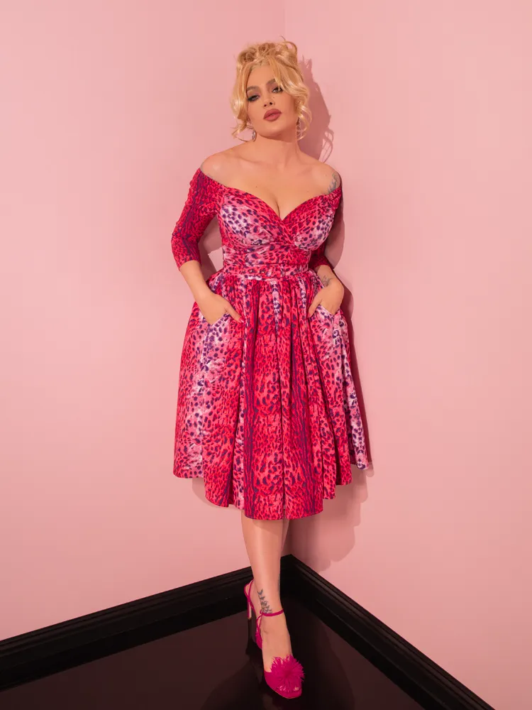 Starlet Swing Dress and Scarf in Pink Leopard Print - Vixen by Micheline Pitt