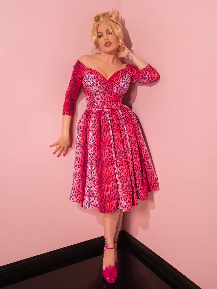 Starlet Swing Dress and Scarf in Pink Leopard Print - Vixen by Micheline Pitt