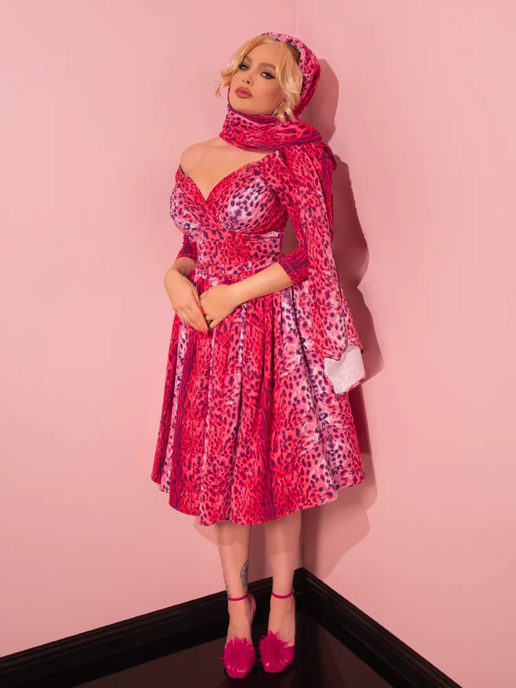Starlet Swing Dress and Scarf in Pink Leopard Print - Vixen by Micheline Pitt