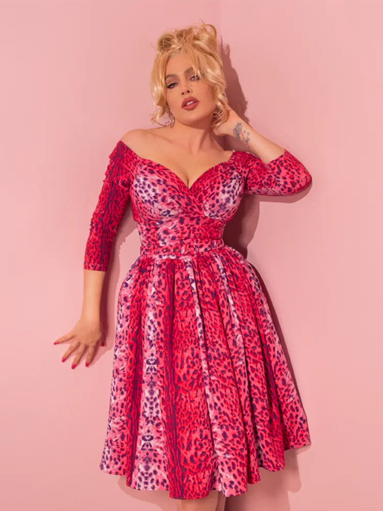 Starlet Swing Dress and Scarf in Pink Leopard Print - Vixen by Micheline Pitt