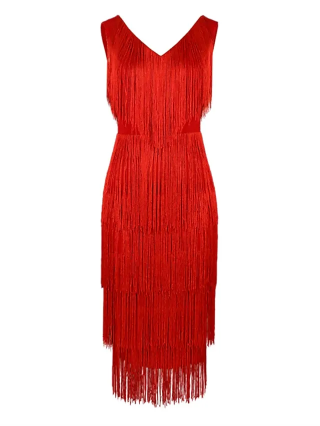Women's Plus Size Sequin Dress Fringe Dress Party Dress Sparkly Dress V Neck Tassel Sleeveless Spring Fall Fashion Elegant Formal Midi Dress Evening